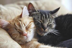 AI generated Two cats snuggling together. Two adorable kittens sleeping together close up. Generative AI photo