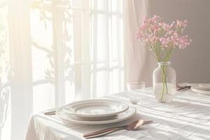 AI generated White indoor dining table day lunch table setup with shades of pink. Generative AI photo