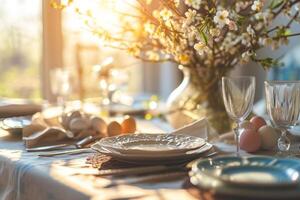 AI generated Beautifully arranged Easter table setting. Table decor concept. Generative AI photo