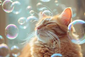 AI generated Cat surrounded by soap bubbles. Kitten playing with soap bubbles. Generative AI photo