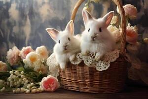 AI generated Two white rabbits sitting in a basket on wooden table with flowers. Easter card. Generative AI photo