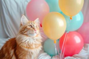 AI generated Cat sits among the festive decorations. Kitten among balloons. Generative AI photo