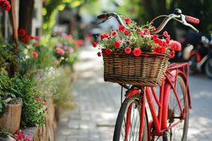 AI generated Vintage red bicycle with flowers in its basket. Generative AI photo