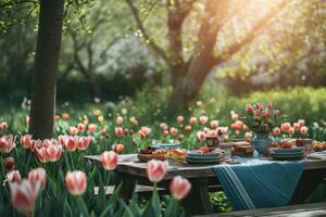 AI generated Summer picnic table setting in a tulip garden. Generative AI photo