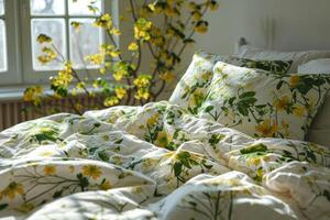 AI generated Bedroom with botanical print bedding in green and yellow tones. Spring concept. Generative AI photo