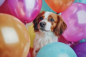 AI generated Dog sits among the festive decorations. Dog among balloons. Generative AI photo