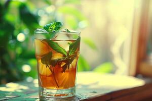 ai generado tradicional con hielo té con menta, limón y hielo en alto vaso. verano bebidas generativo ai foto