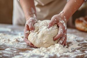 AI generated Baker chef is making with flour loaf of dough. Kneading dough. Generative AI photo