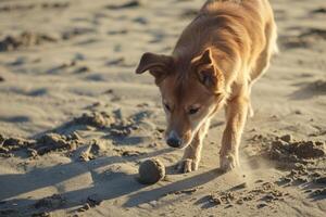 ai generado perro jugando con un juguete en el arena playa. mascota, verano y arena antecedentes. generativo ai foto