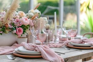 AI generated Dining lunch table setup with shades of pink. Generative AI photo
