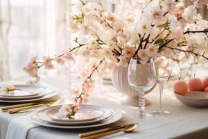 AI generated A table setting with a warm and inviting atmosphere. Beautiful romantic elegant floral decor in pink colors. Generative AI photo