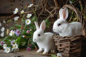 AI generated Two white rabbits sitting in a basket on wooden table with flowers. Easter card. Generative AI photo