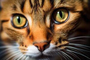 AI generated Cat's face with expressive eyes. Pets and lifestyle concept. Generative AI photo
