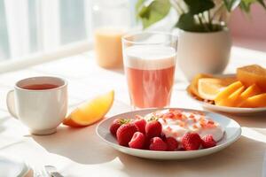 AI generated Healthy breakfast set on sunny background. The concept of delicious and healthy food. Generative AI photo