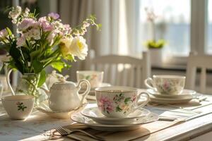 AI generated Dining table set with floral tableware on sunny light background. Generative AI photo