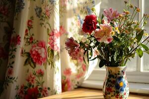 ai generado floral estampado cortina y florero. flores en florero con ligero desde ventana. generativo ai foto