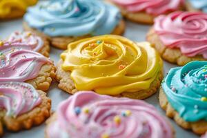 ai generado hielo azúcar galletas con vistoso Crema. generativo ai foto