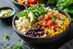 ai generado mexicano pollo burrito cuenco con frijoles, tomate, palta, maíz y lechuga. generativo ai foto