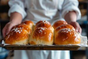 AI generated Baker presents a tray of hot fresh buns. Generative AI photo