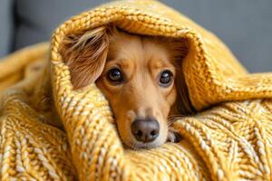 ai generado perro debajo tartán. mascota calienta debajo un cobija en frío invierno clima. mascotas simpático y cuidado concepto. generativo ai foto