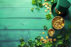 AI generated St. Patrick's Day background with leprechaun hat, pot of gold coins and clover leaves. Generative AI photo