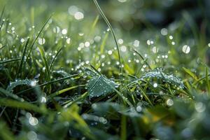 ai generado de cerca de agua gotas en un verde césped. generativo ai foto