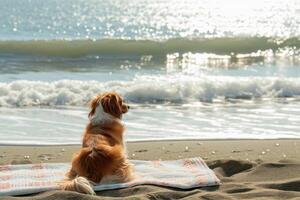 AI generated Dog sits on the towel on sandy beach and looks at blue sea. Generative AI photo