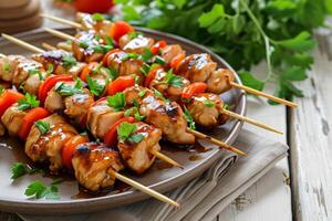 ai generado pollo brochetas con teriyaki salsa. generativo ai foto