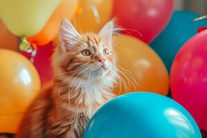 AI generated Cat sits among the festive decorations. Kitten among balloons. Generative AI photo