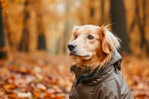 AI generated Dog in a trendy raincoat. The concept of caring for pets. Generative AI photo