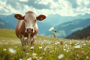 ai generado vacas manada en un césped campo durante el verano con montañas en antecedentes. generativo ai foto