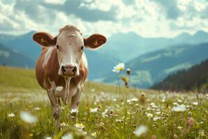 AI generated Cows herd on a grass field during the summer with mountains on background. Generative AI photo