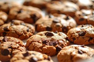 AI generated Closeup of chocolate chip cookies. Cookies background. Generative AI photo