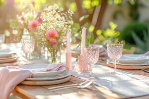 AI generated Outdoor lunch table setting with flowers. Romantic table setting with tablecloth, plates, crystal goblets, beautiful bouquets. Generative AI photo