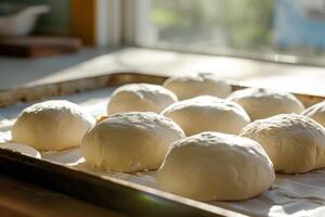 AI generated Raw yeast dough balls in tray before baking. Concept home baking bread. Generative AI photo