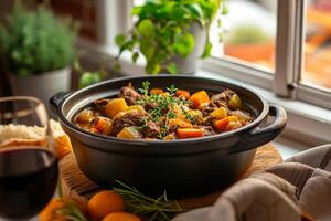 AI generated Beef meat and vegetables stew in ceramic bowl. Generative AI photo