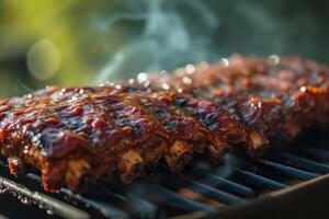 ai generado costillas A la parrilla con barbacoa salsa y caramelizado en Miel. generativo ai foto