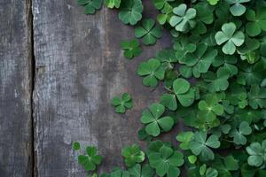 AI generated Clover leaves on wooden table. St. Patrick's Day background. Generative AI photo