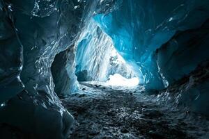 AI generated Blue crystal ice cave entrance and an underground river beneath the glacier. Generative AI photo