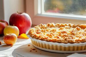 ai generado manzana desmoronarse en el cocina antecedentes con manzanas generativo ai foto