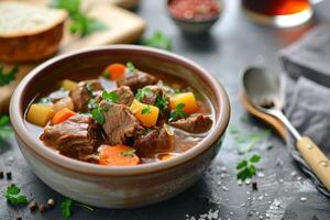 AI generated Beef meat and vegetables stew in ceramic bowl. Generative AI photo