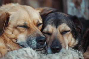 AI generated Two dogs snuggling together. Two adorable puppies sleeping together close up. Generative AI photo