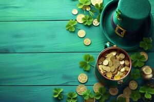 AI generated St. Patrick's Day background with leprechaun hat, pot of gold coins and clover leaves. Generative AI photo