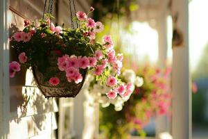 ai generado colgando cestas de floreciente primavera flores generativo ai foto