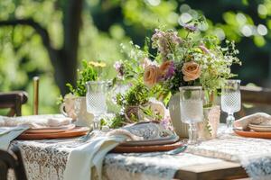 AI generated Outdoor lunch table setting with flowers. Romantic table setting with tablecloth, plates, crystal goblets, beautiful bouquets. Generative AI photo