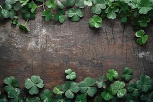 AI generated Clover leaves on wooden table. St. Patrick's Day background. Generative AI photo