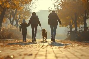 AI generated Dog joining a family jog. Happy family with dog running outdoors. Generative AI photo