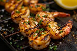 AI generated Grilled shrimps or prawns served with lemon and garlic. Seafood. Generative AI photo