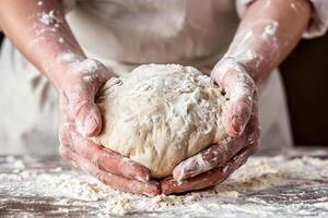 ai generado panadero cocinero es haciendo con harina pan de masa. amasadura masa. generativo ai foto