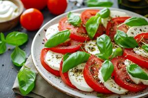 AI generated Caprese salad with sliced tomatoes, mozzarella, basil, olive oil. Organic and healthy. Generative AI photo